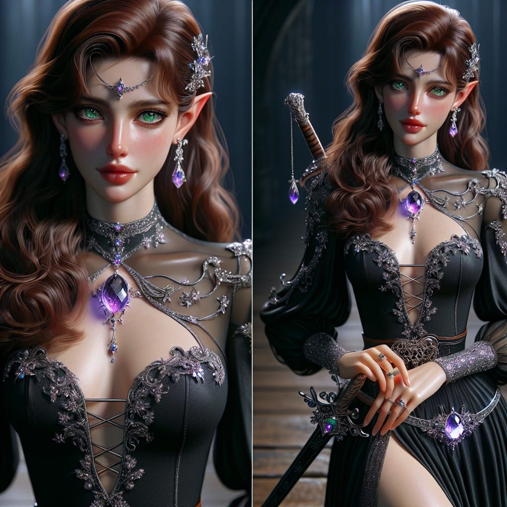 Elegant Elf Priest in Revealing Dress with Shimmering Dagger