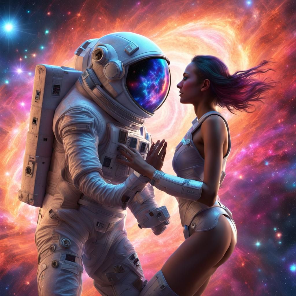 Alien and Astronaut Dance in Galactic Nebula