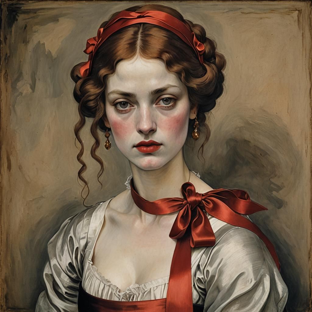 Sensual Woman with Red Ribbon, Classical Painting