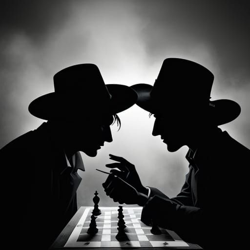 Ghosts Play Chess in Noir Style, Misty Park at Night