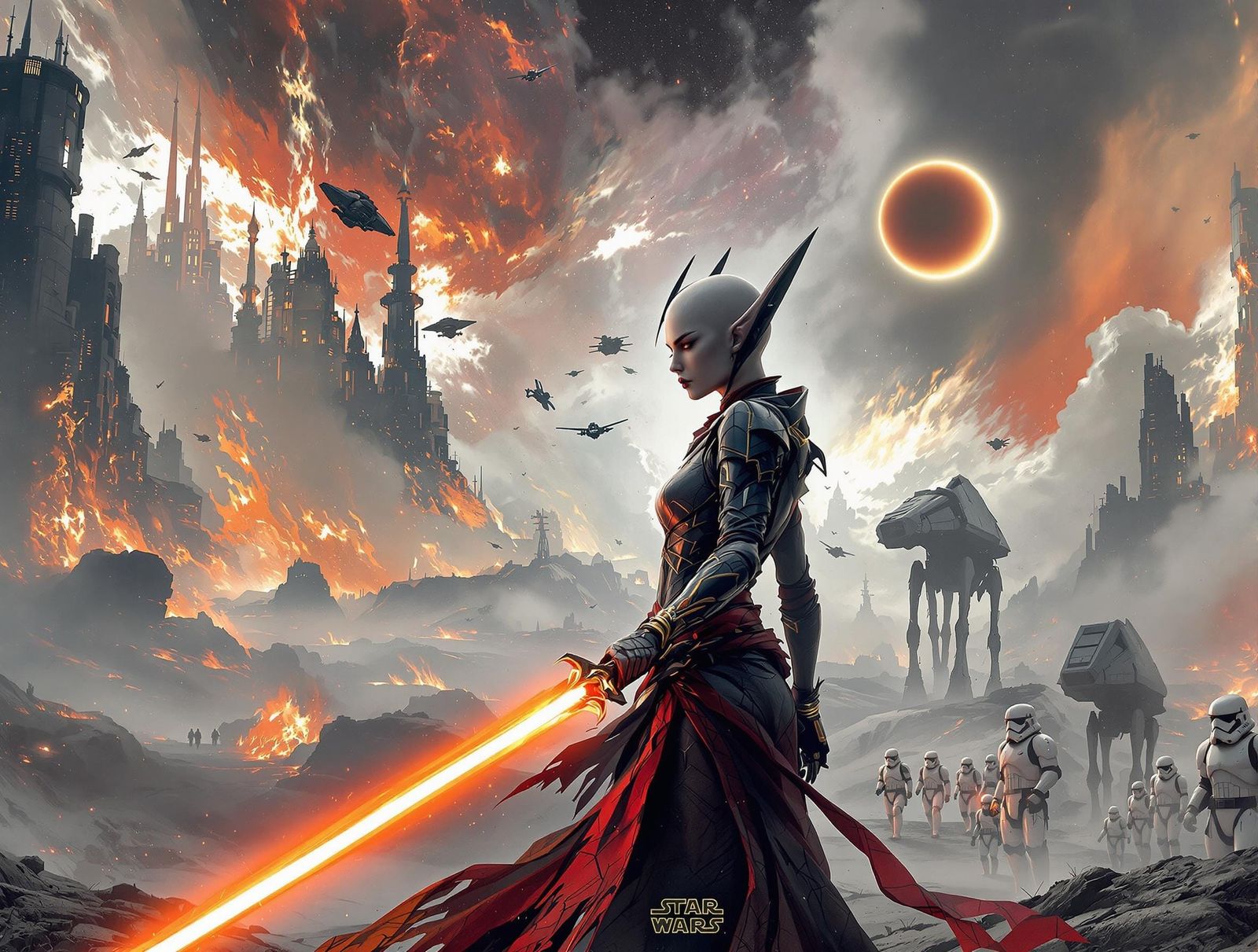 Dark Force Sith Lady in Cyberpunk Sci-Fi Landscape