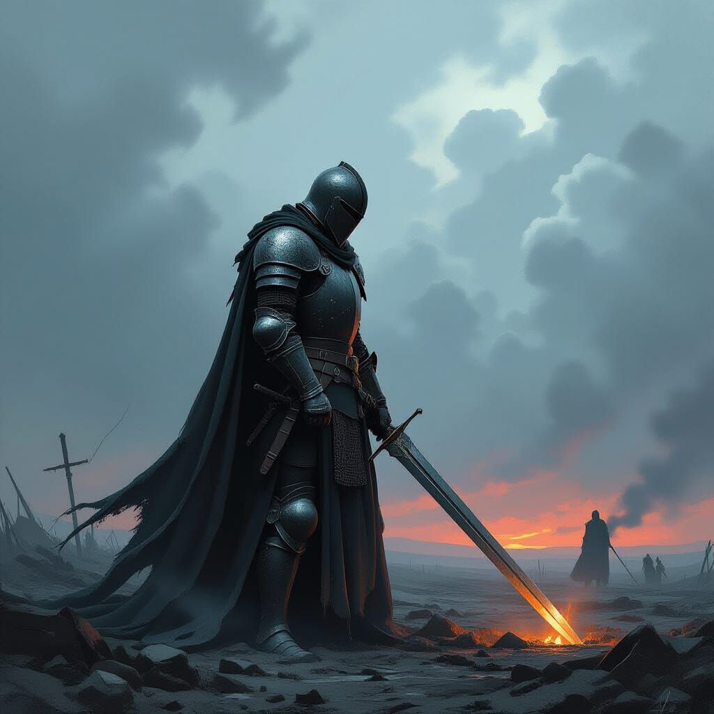 Dark Knight on Desolate Battlefield, Gritty Fantasy Art