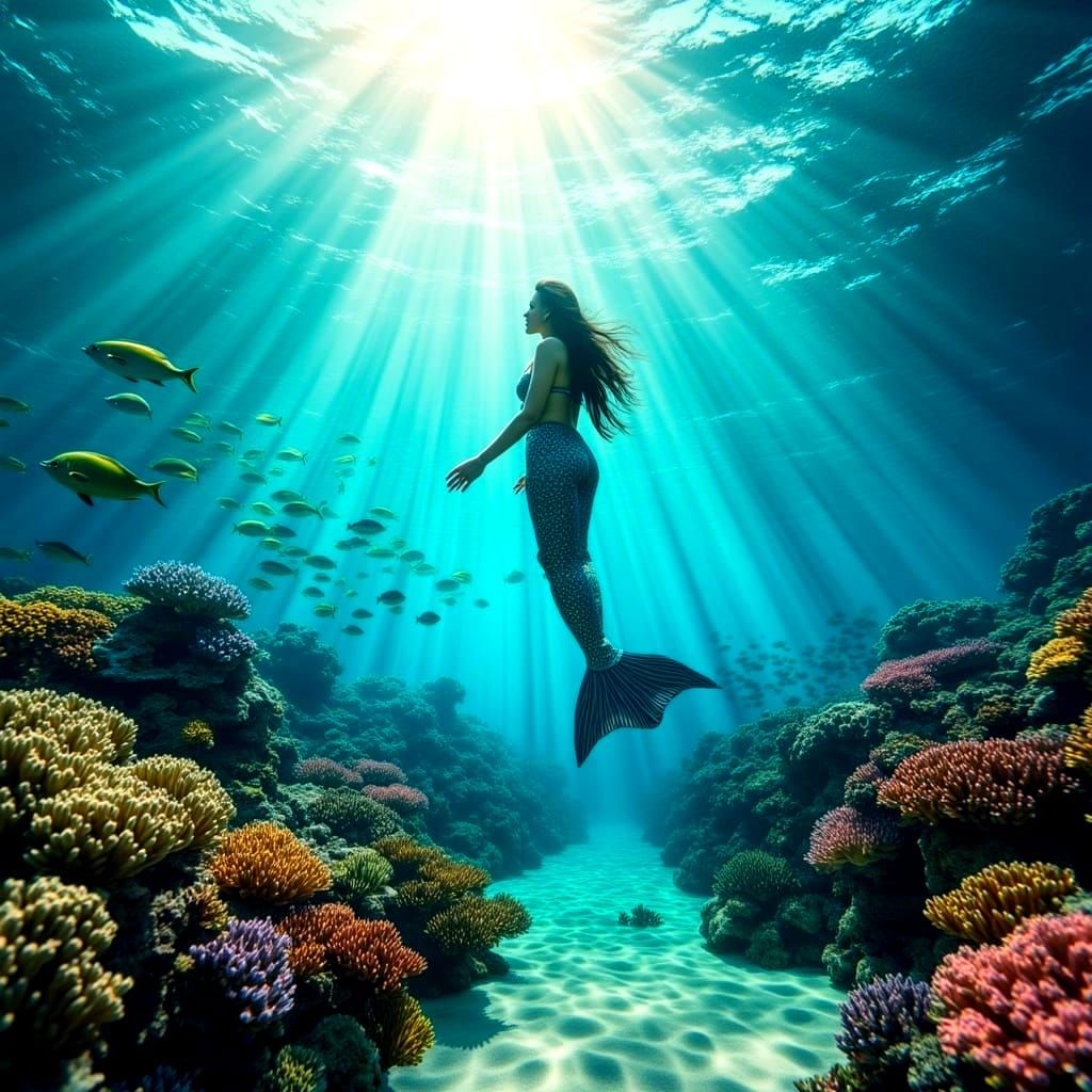 A mermaid under the water swimming.