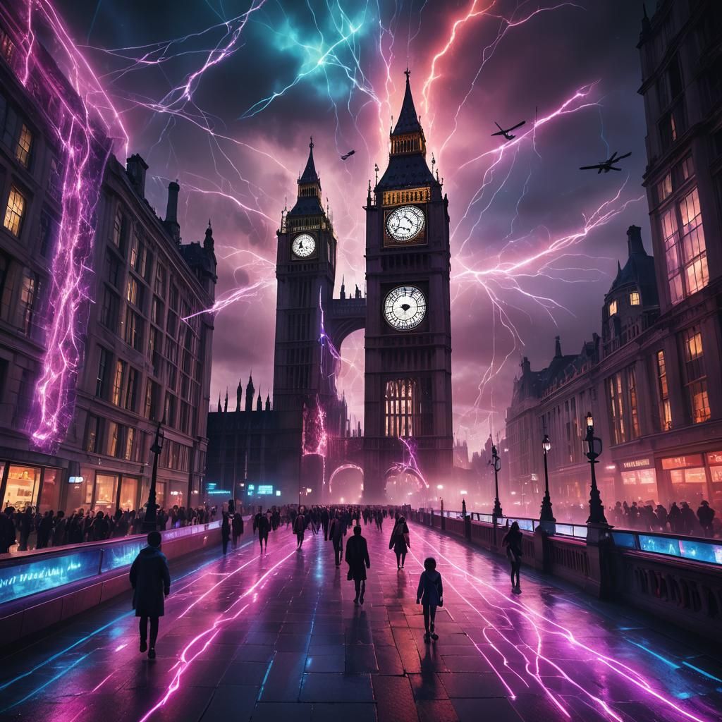 Futuristic London Bridge with Flowing Energy, Digital Art