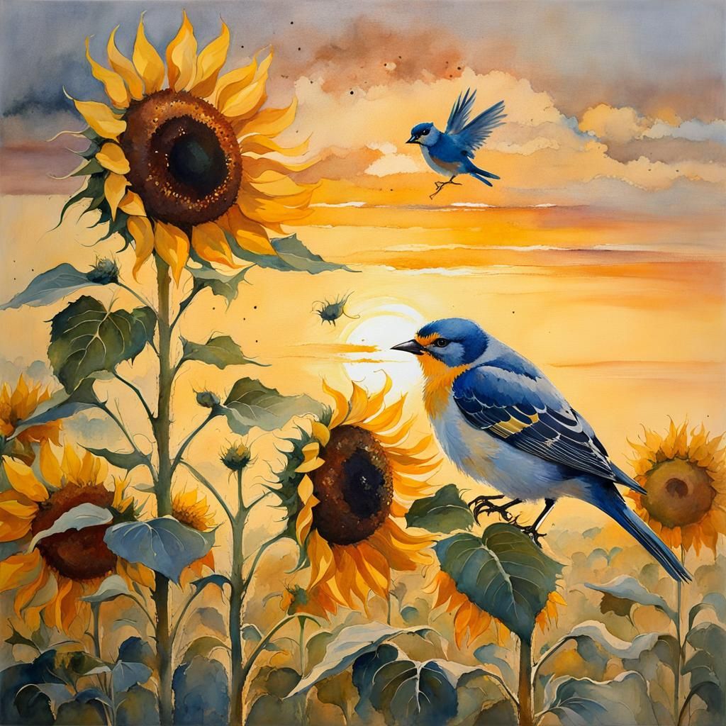 Sunflower, Bird, Sunset in Watercolor Style
