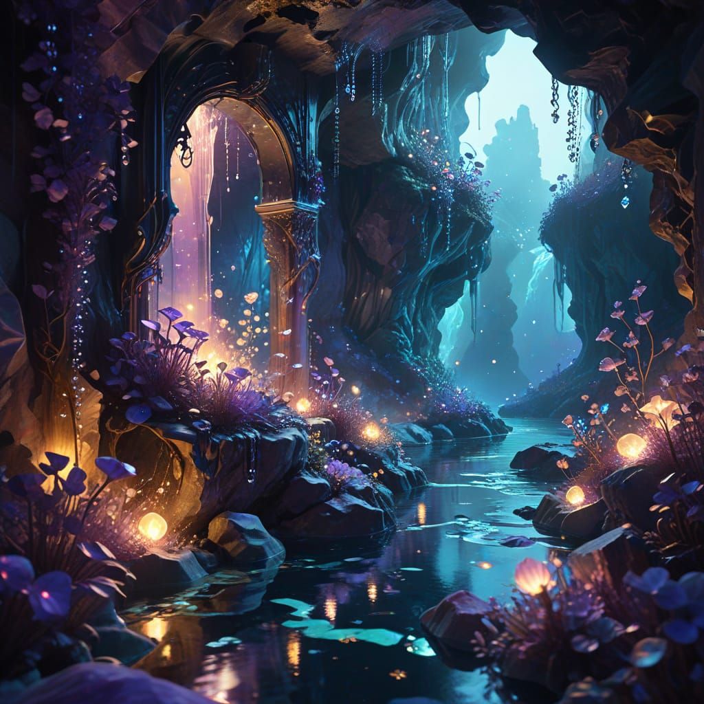 Bioluminescent Grotto in Art Nouveau Style