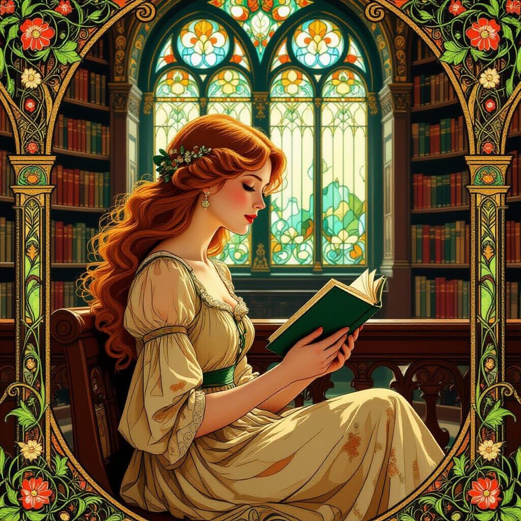 Jugendstil Library Scene: Woman Reading in Ornate Room