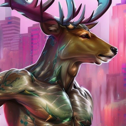 Anthropomorphic Deer Bodybuilder in City, Hyperrealistic Art