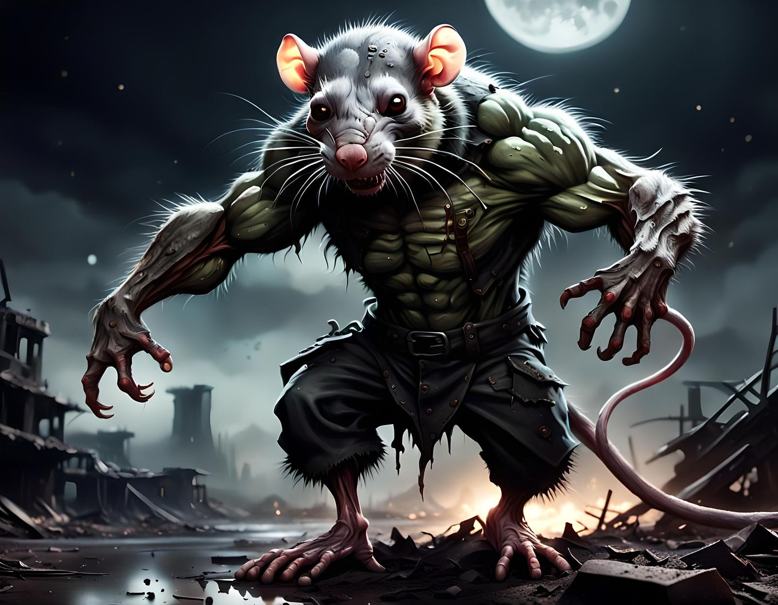 Muscular Rat Creature in Storm, Photorealistic Horror