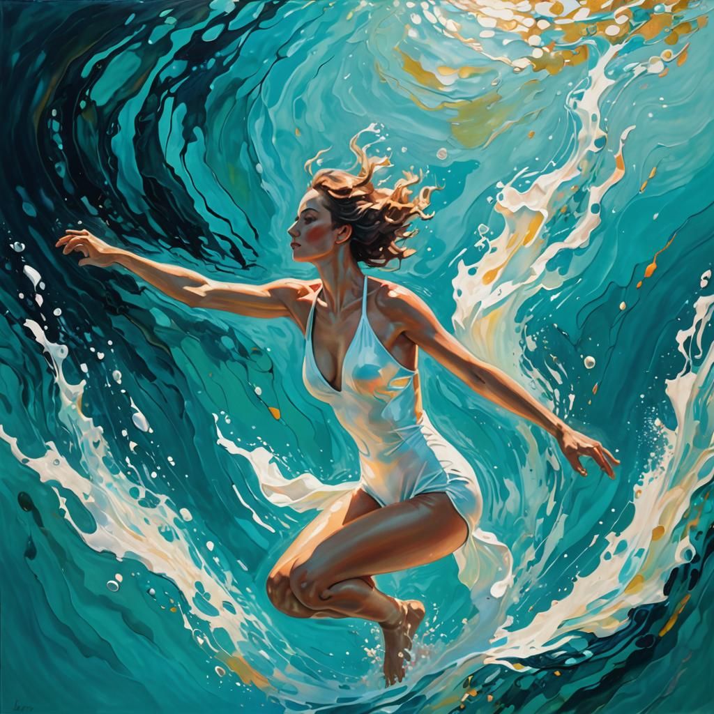 Woman Diving into Turquoise Abyss: Oil Painting
