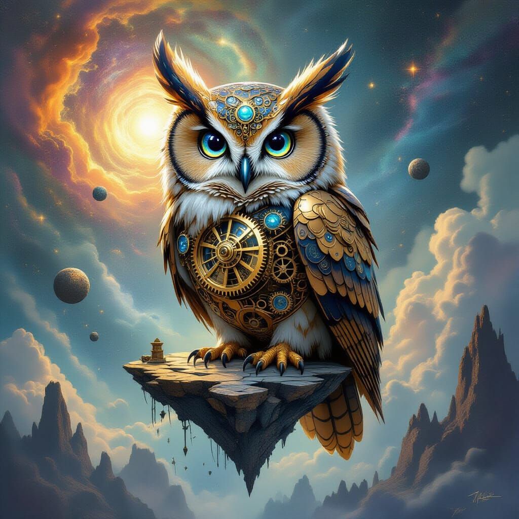 Clockwork Owl Perched on Floating Island in Nebula