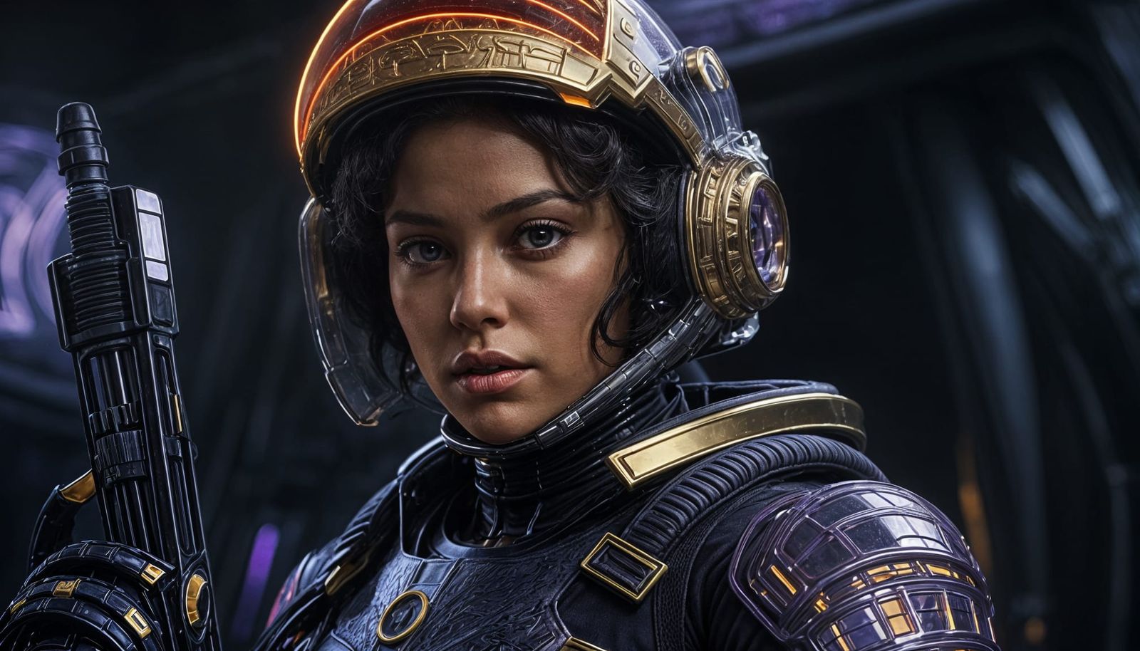 Venezuelan Woman in Violet Spacesuit with Laser Rifle