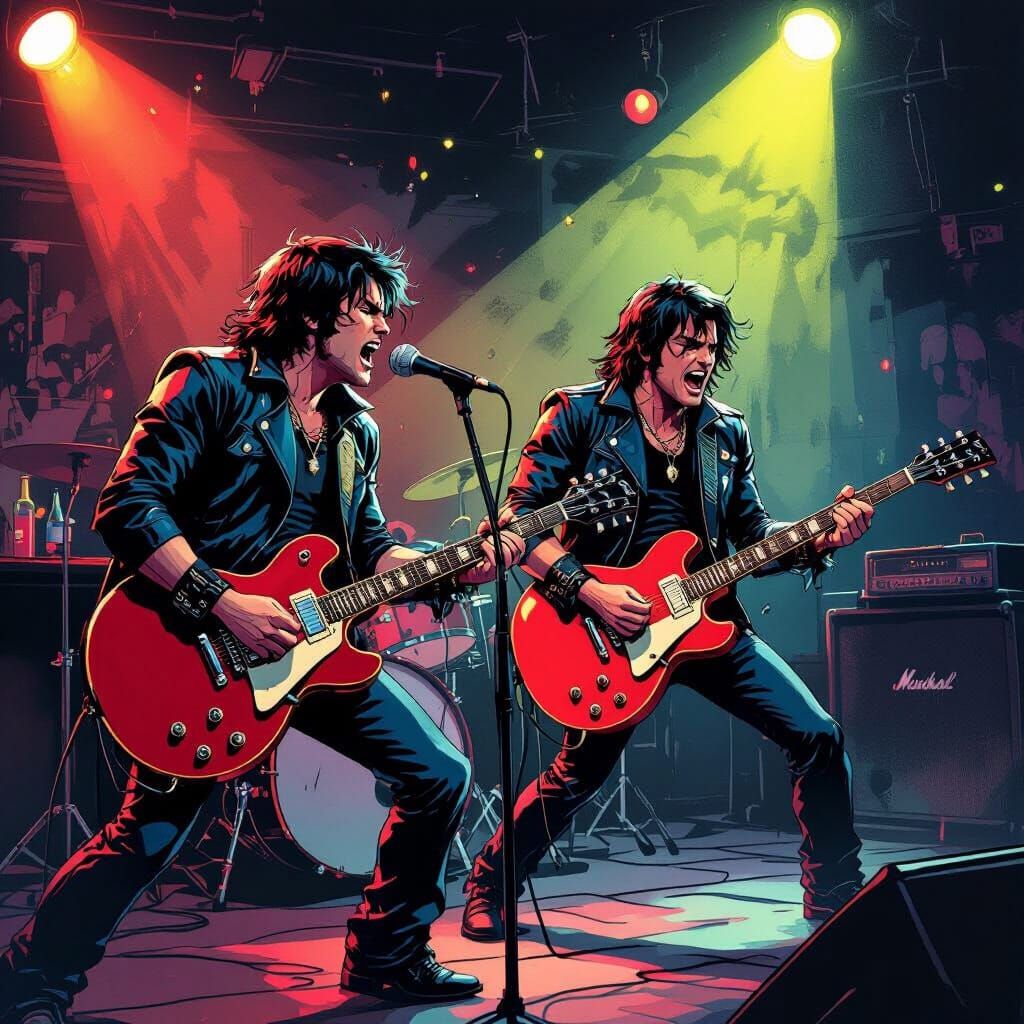 Rock Duet: Singers and Guitarists in Smoky Bar