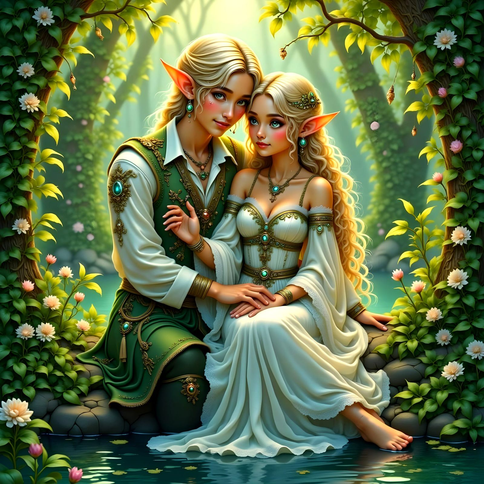 Ethereal Elves in Tender Embrace beneath a Flowering Tree