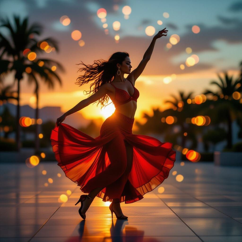 Dynamic Latin Dancer in Twilight Double Exposure