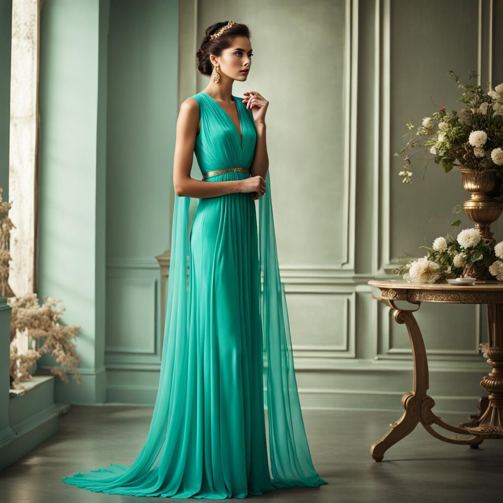 Ethereal Beauty: Woman in Turquoise Goddess Gown