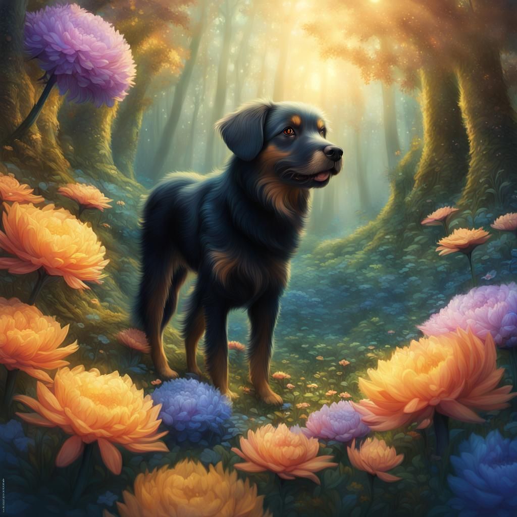 Dog Surrounded by Glowing Flowers in Dreamy Forest