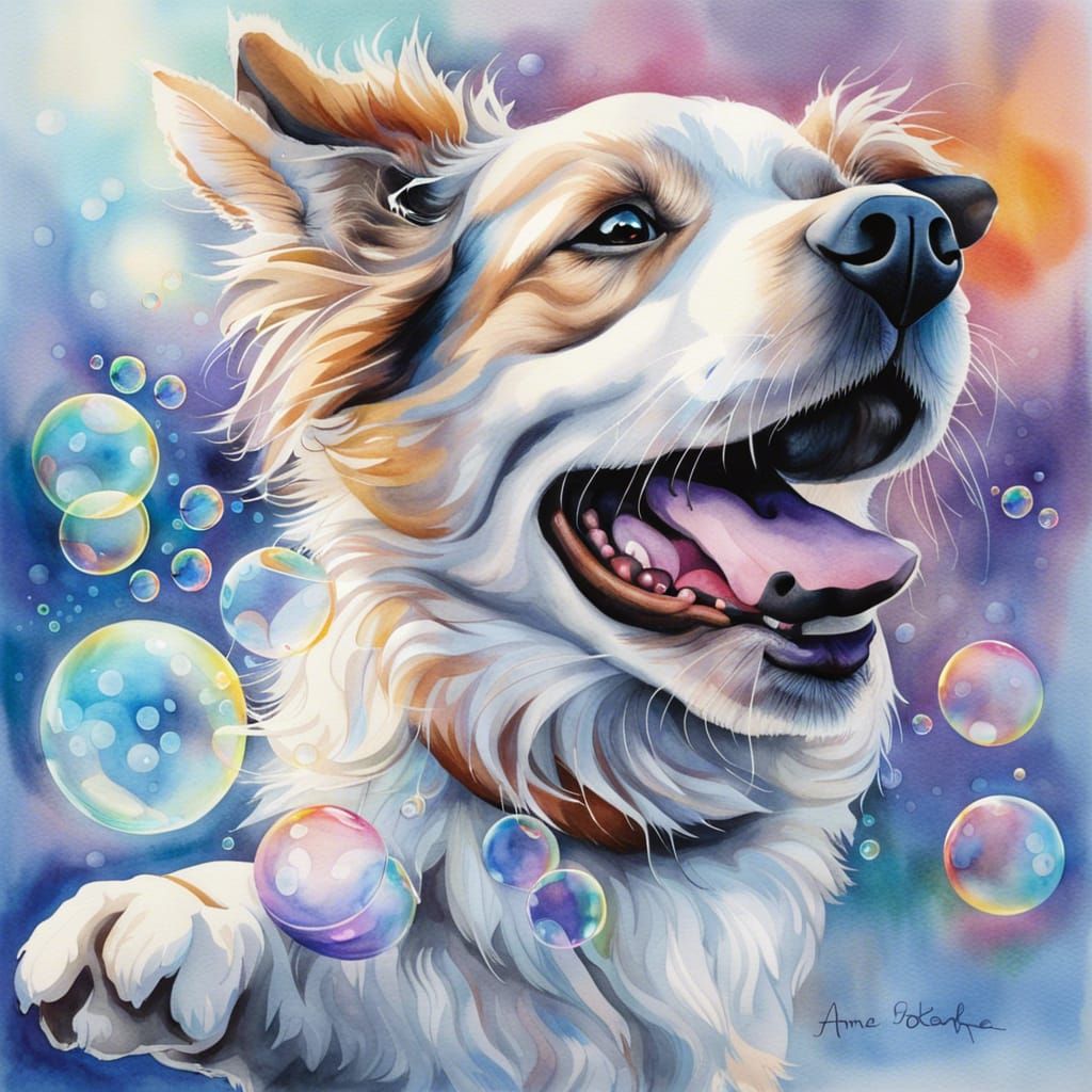 Dog's Joyful Bubble Chase: Watercolor Painting