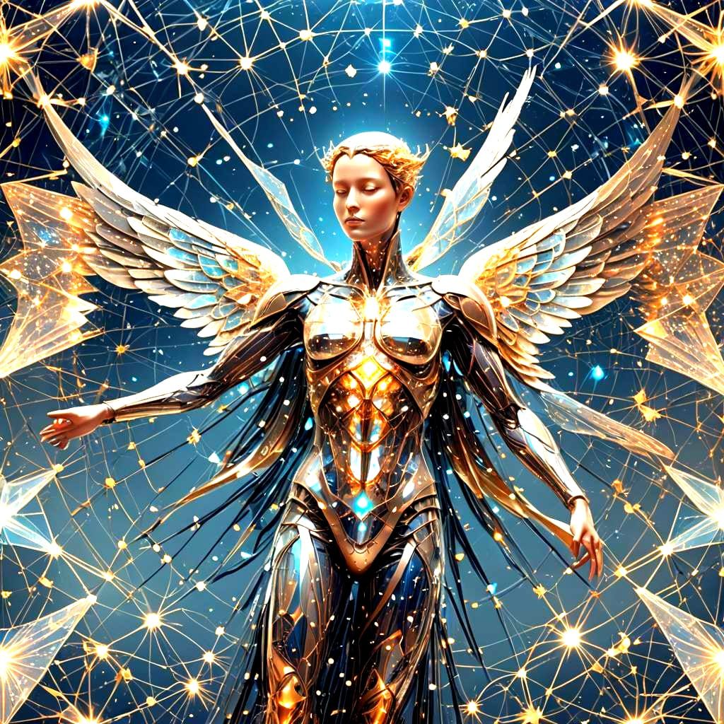 Winged Angel Body of Interconnected Stars in Sci-Fi Style