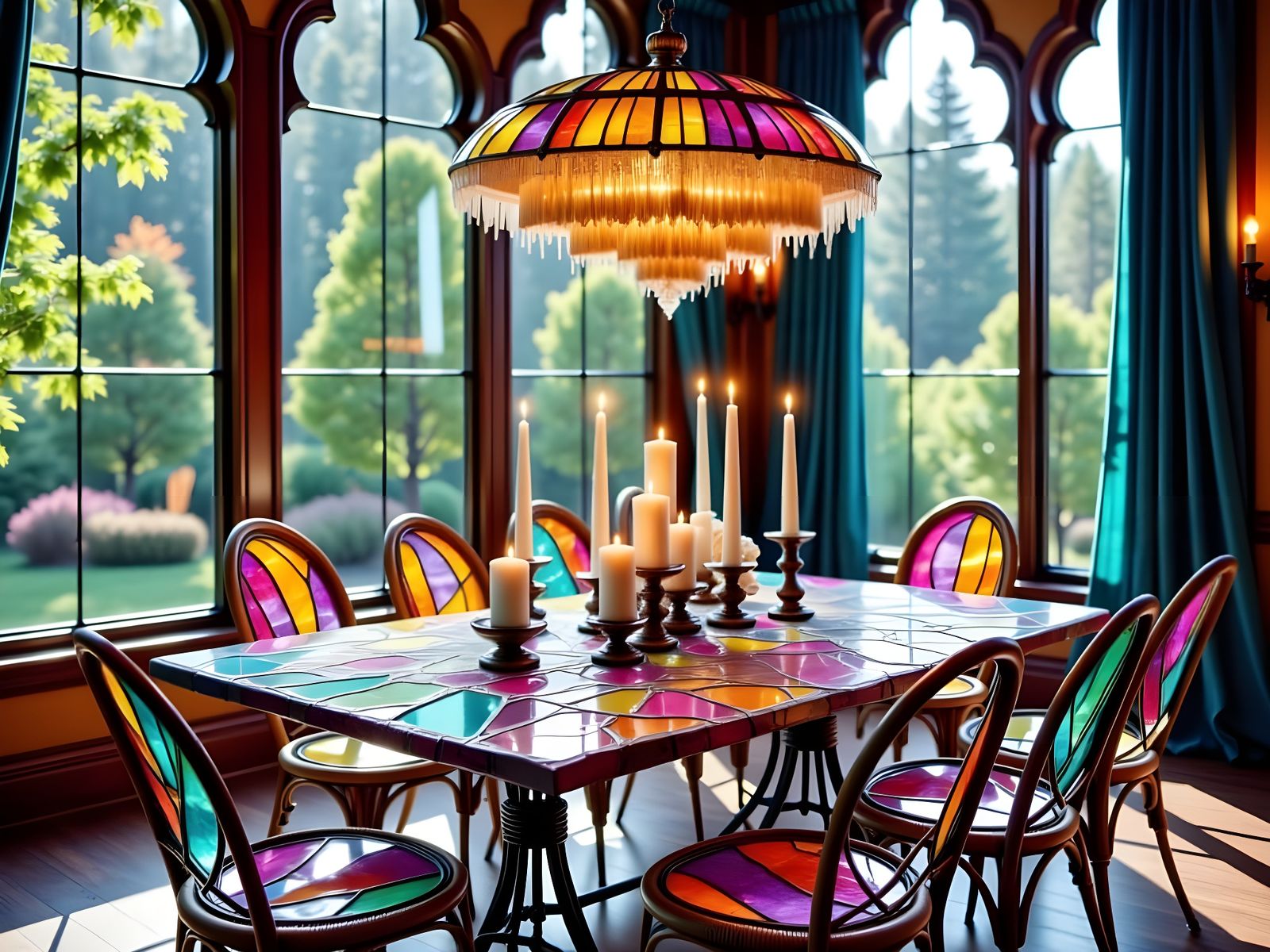 Boho Hippie Dining Room with Glowing Stained Glass Furniture