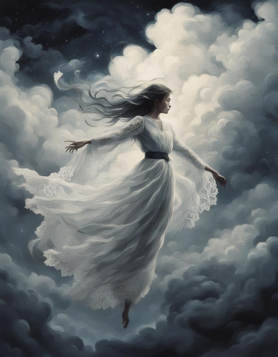 Ethereal Wispy Figure in Cloudy Night Sky