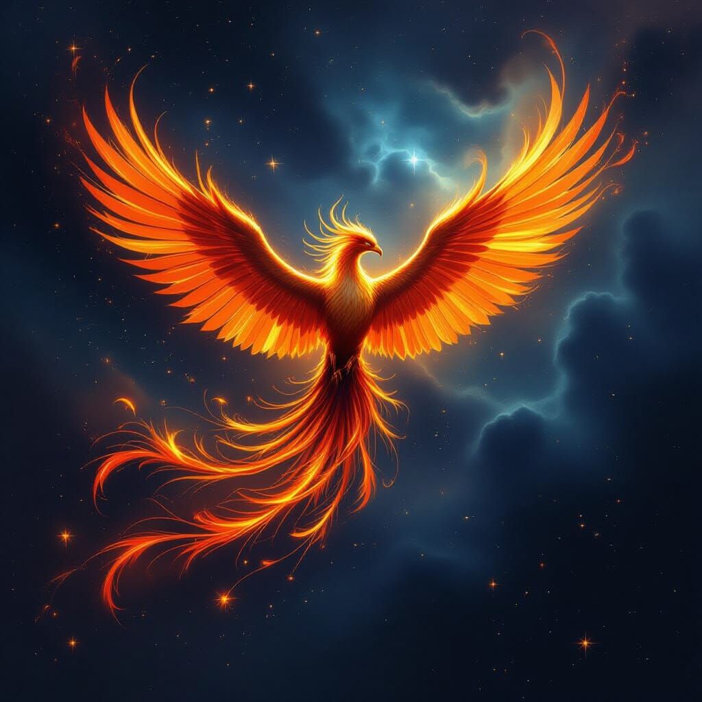 Majestic Phoenix Soars Through Cosmic Nebula in Fiery Style