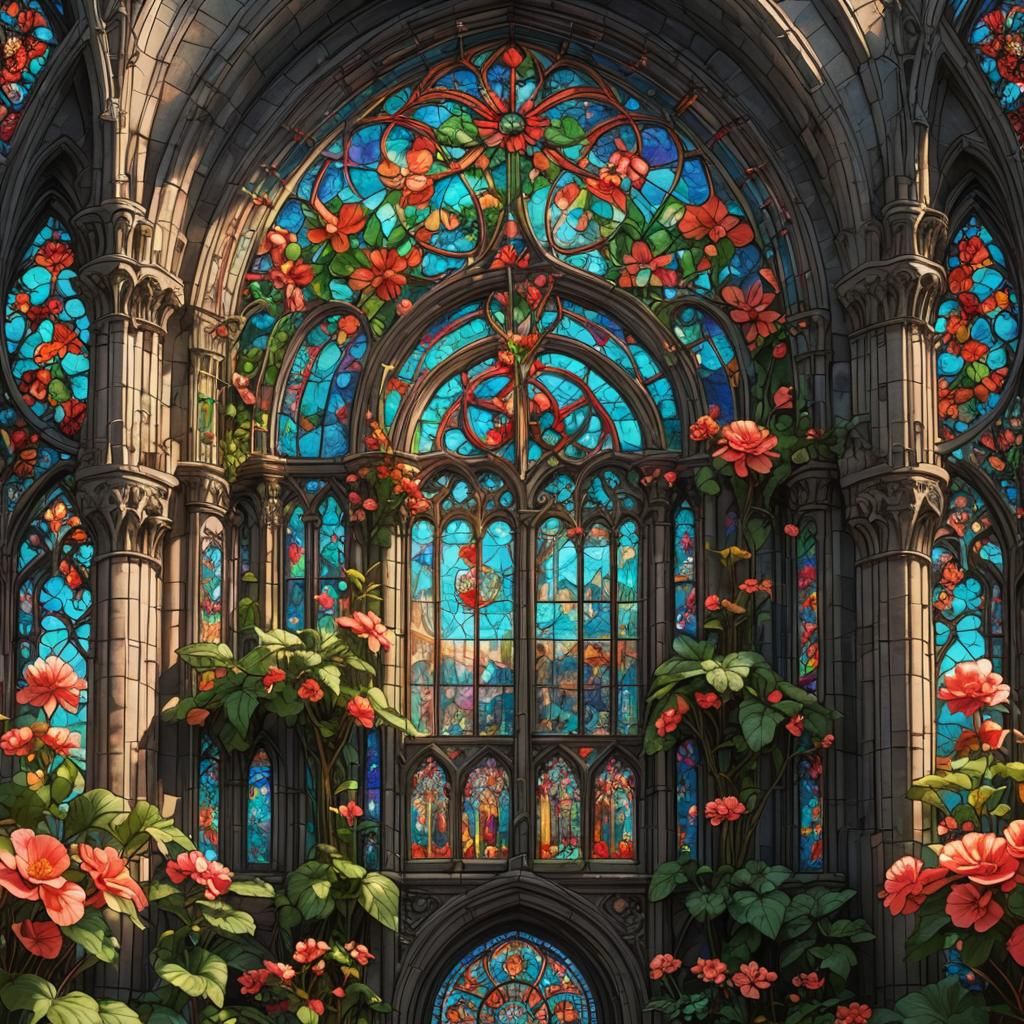 Vibrant Stained Glass Begonia Flower in Cathedral Style