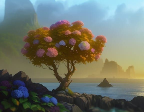 Ethereal Hydrangea Tree in Dreamlike Seascape Landscape