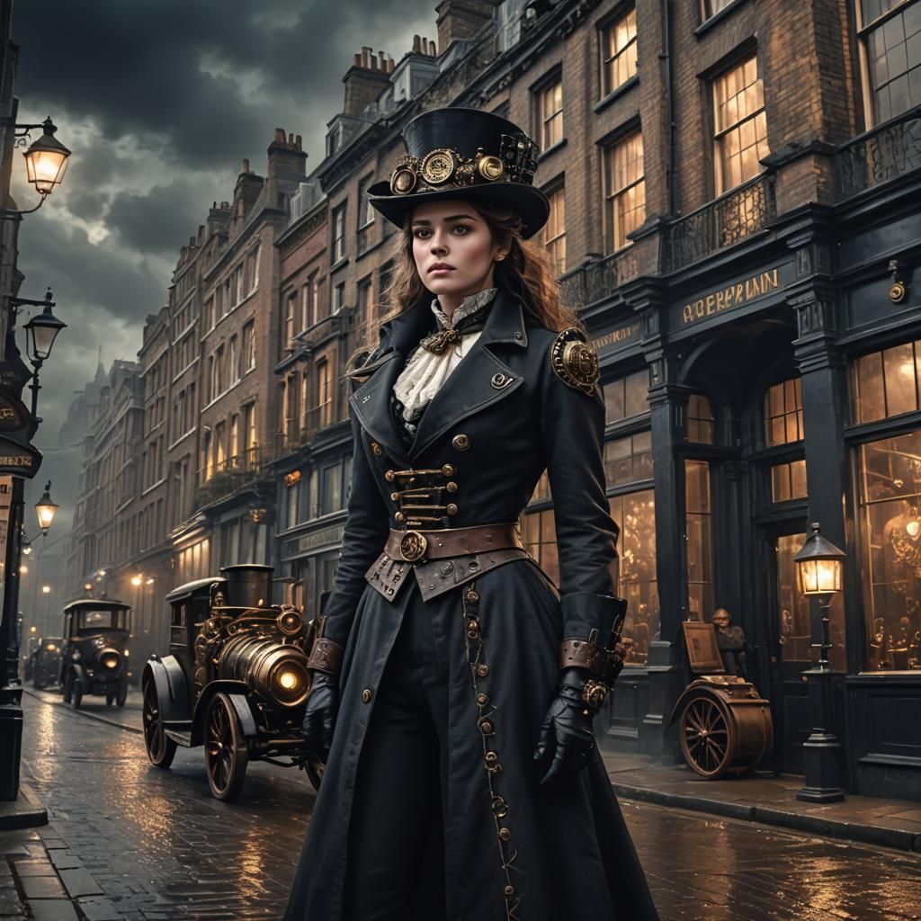 Victorian London Street Scene with Steampunk Engine