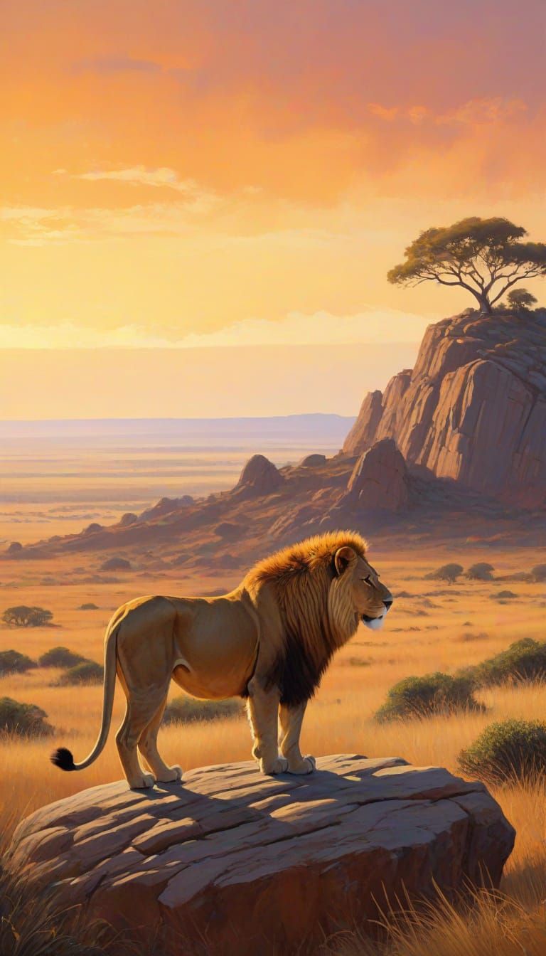 Lion Overlooking Savanna as Impressionist Painting