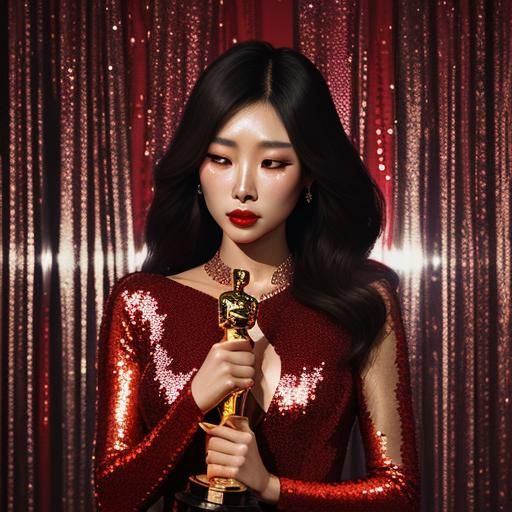 young, gorgeous, glamorous Korean woman in red sequined dress, crying as she accepts her Oscar Award