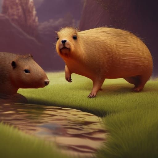 Capybara Eating Fruit in Detailed Digital Painting