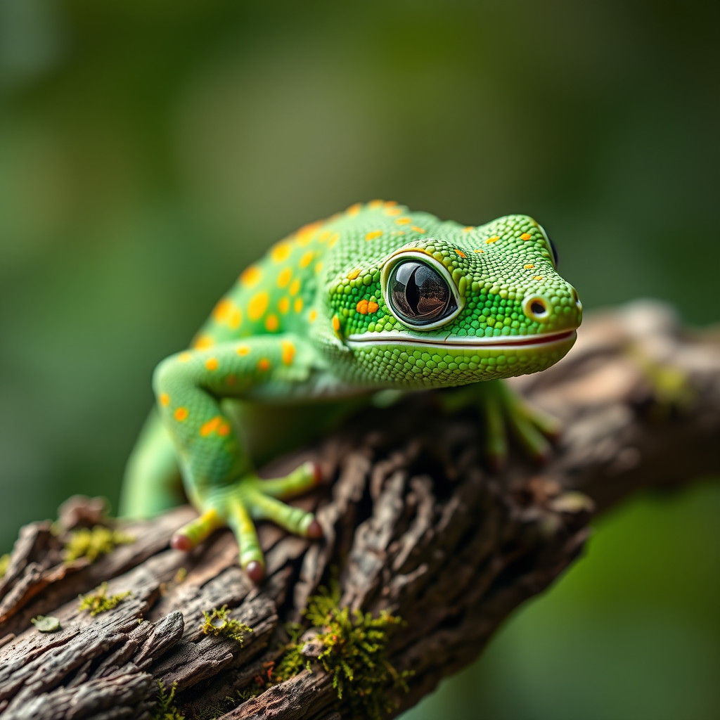 Emerald Gecko on Mossy Branch: Hyper-Realistic Close-Up