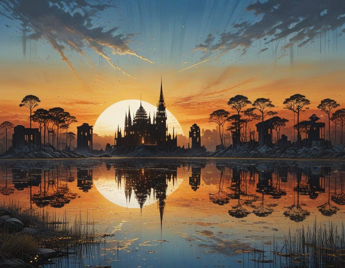 Abandoned Metropolis Reflected in Serene Lake Waters at Dusk