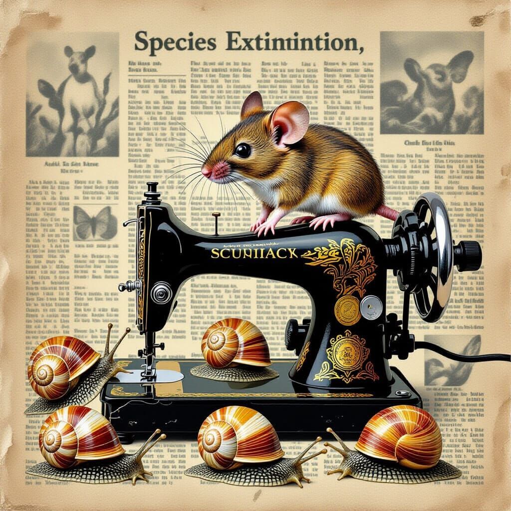 Dadaist Collage: Mouse, Sewing Machine, Snails