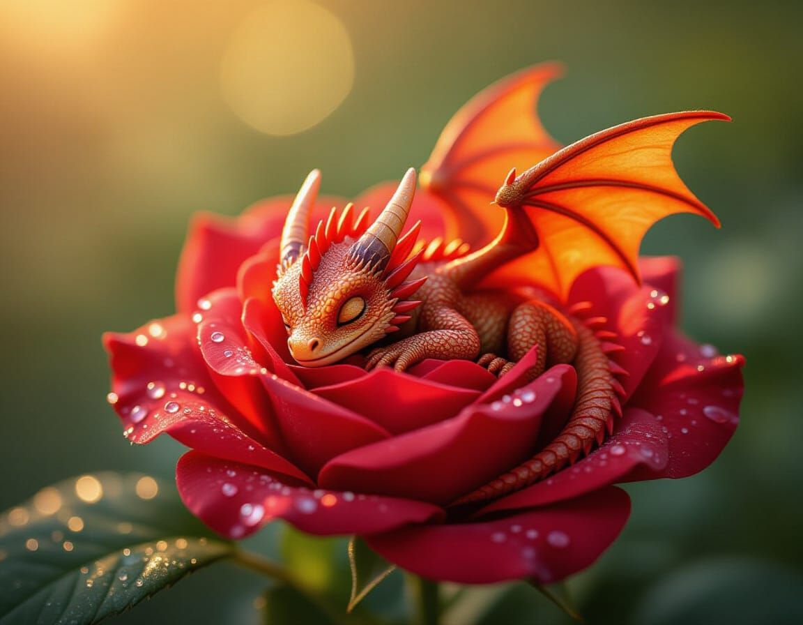 Macro Photo of Tiny Red Dragon Sleeping in Rose