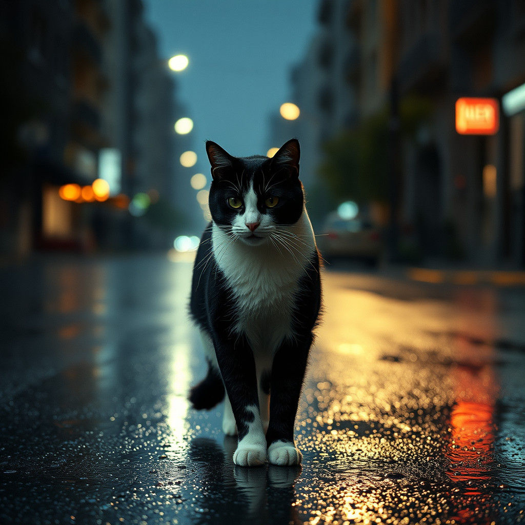 Elegant Black and White Cat Strolls Under Rainy City Streetl...