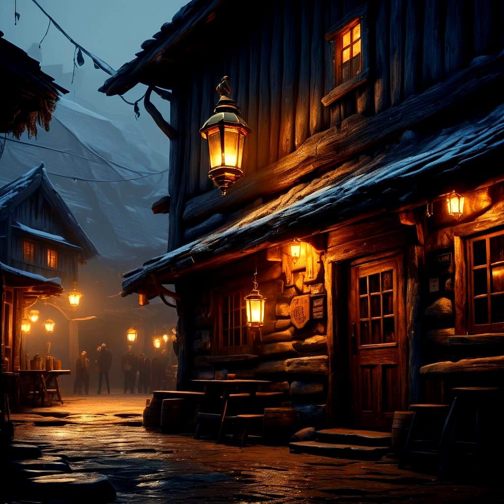 Medieval Tavern Scene at Dusk