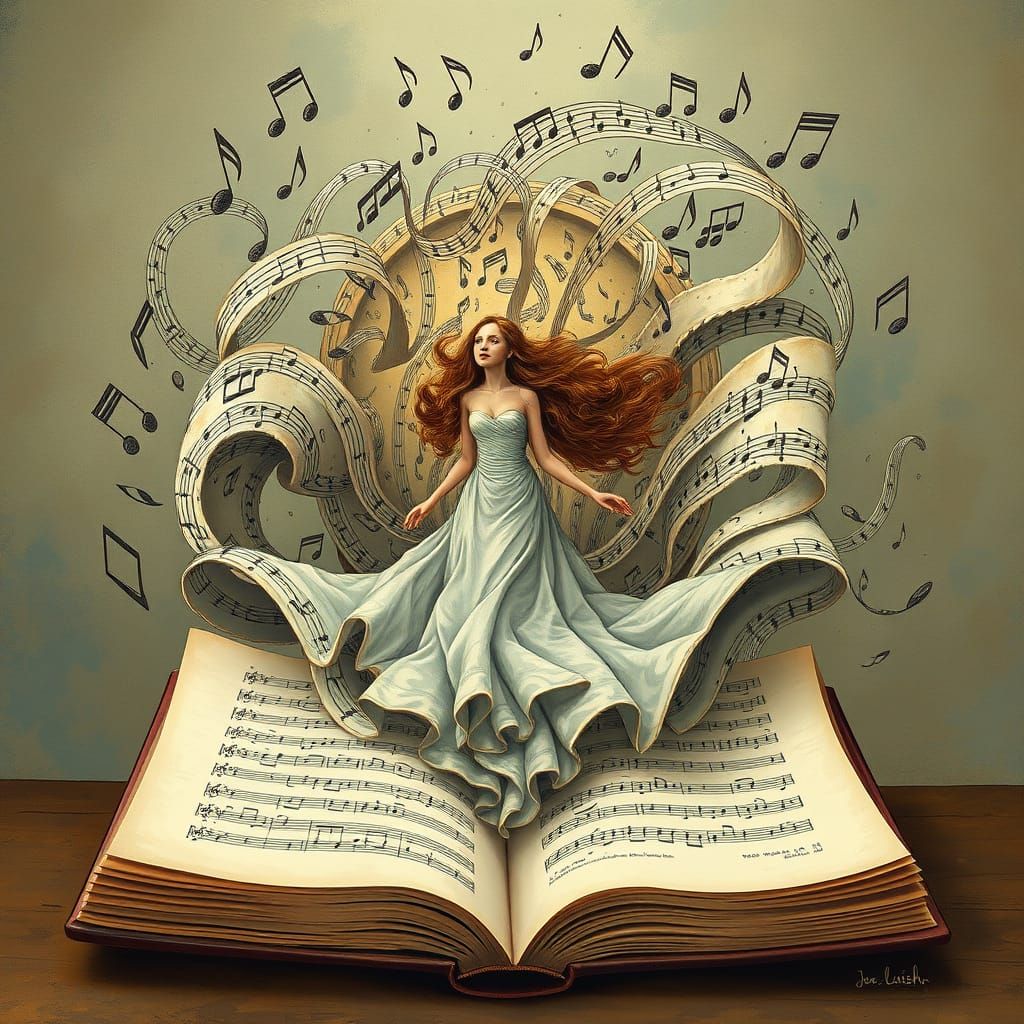 Woman Emerges from Book in Whimsical Style