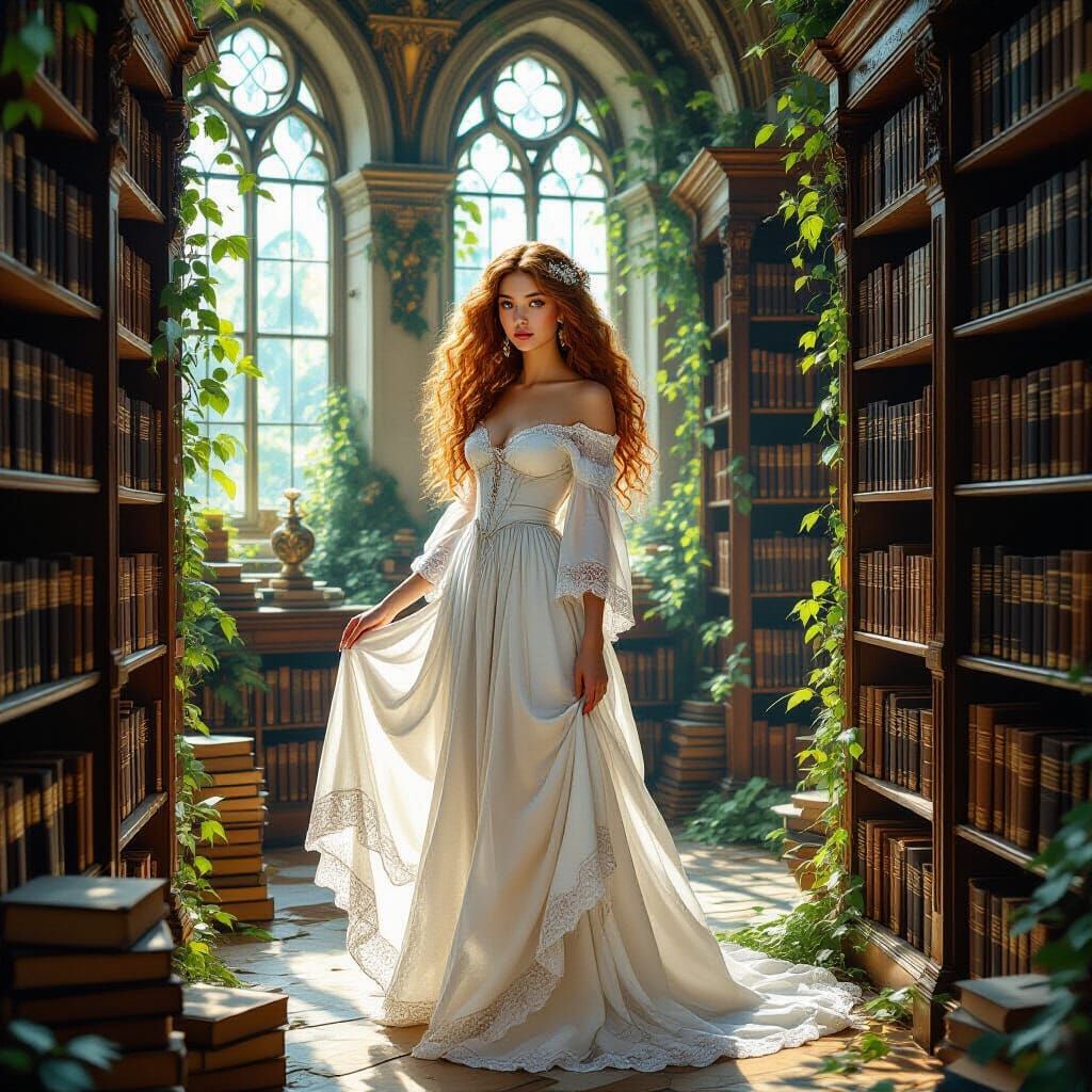 Ethereal Woman in Overgrown Library, Pre-Raphaelite Style