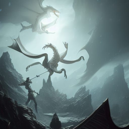 Epic Battle: Adventurers Versus White Dragon in Dark Fantasy...