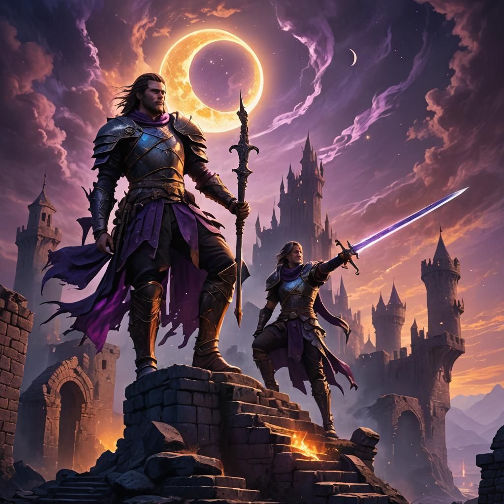 Fantasy Warrior on Castle Ruins with Glowing Sword