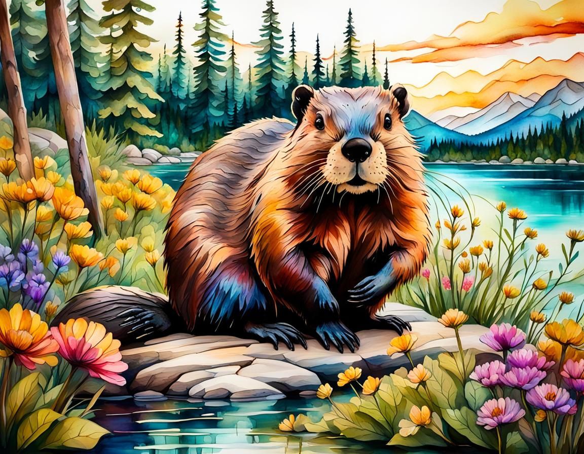 Beaver in Mountain Lake Landscape, Alcohol Ink Art