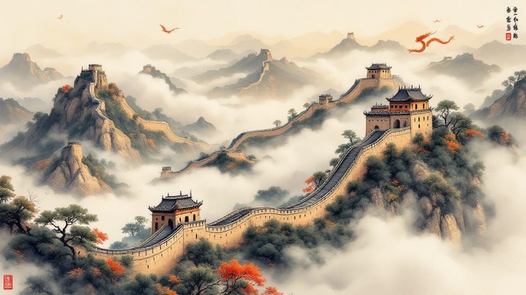 Great Wall of China in Watercolor Style