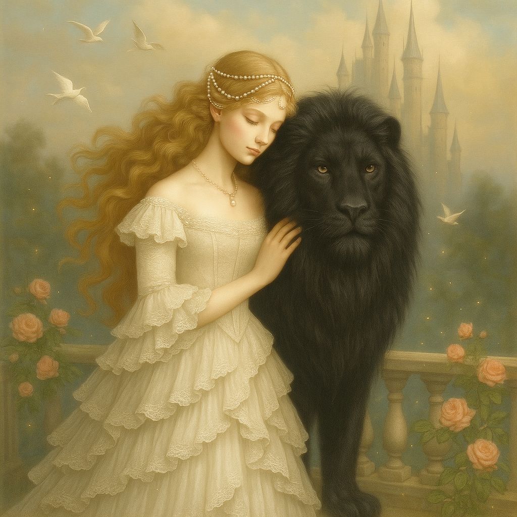 Fairytale Princess with Lion in Dreamy Castle Scene