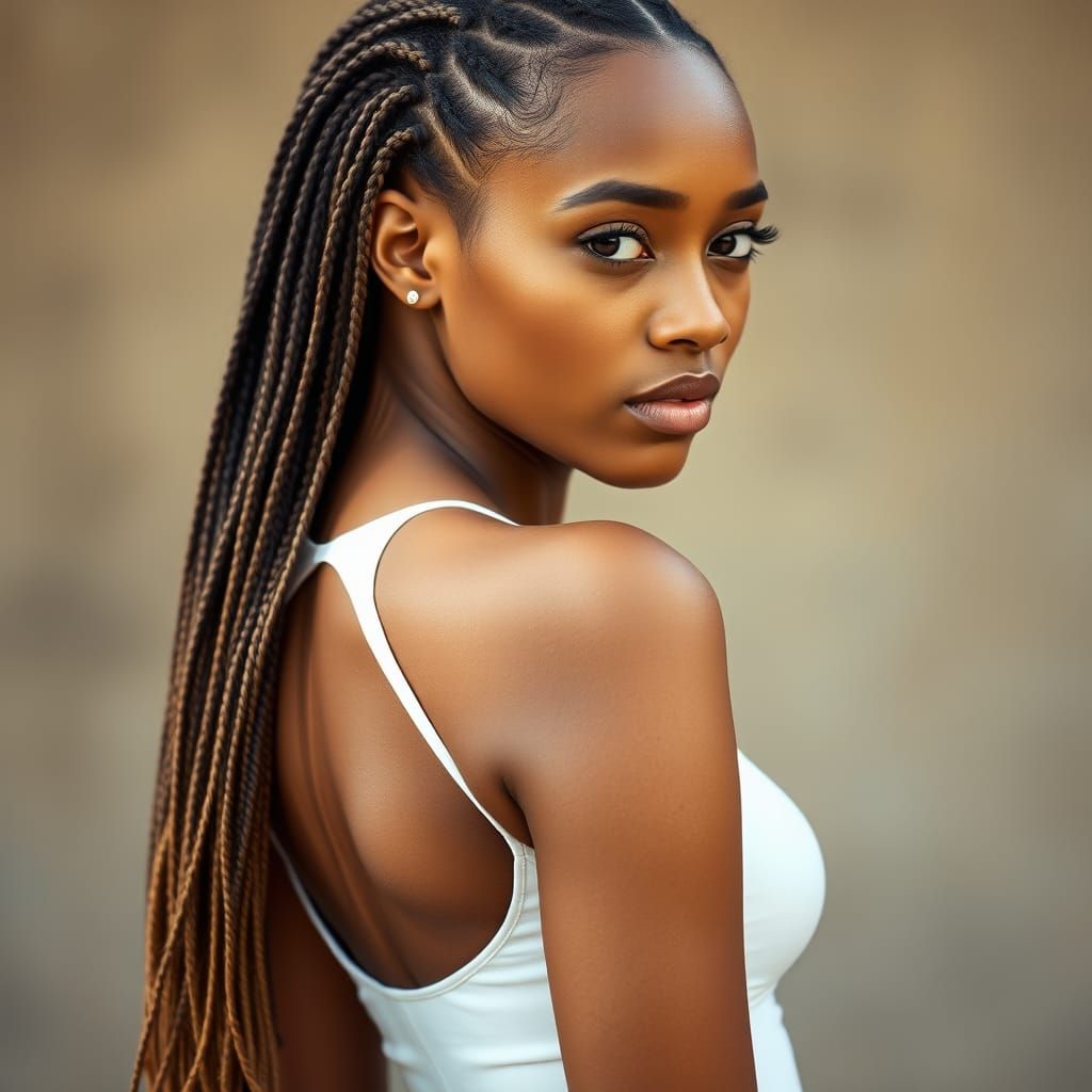 Elegant Young Woman in Profile, Fitted Crop Top and Braids