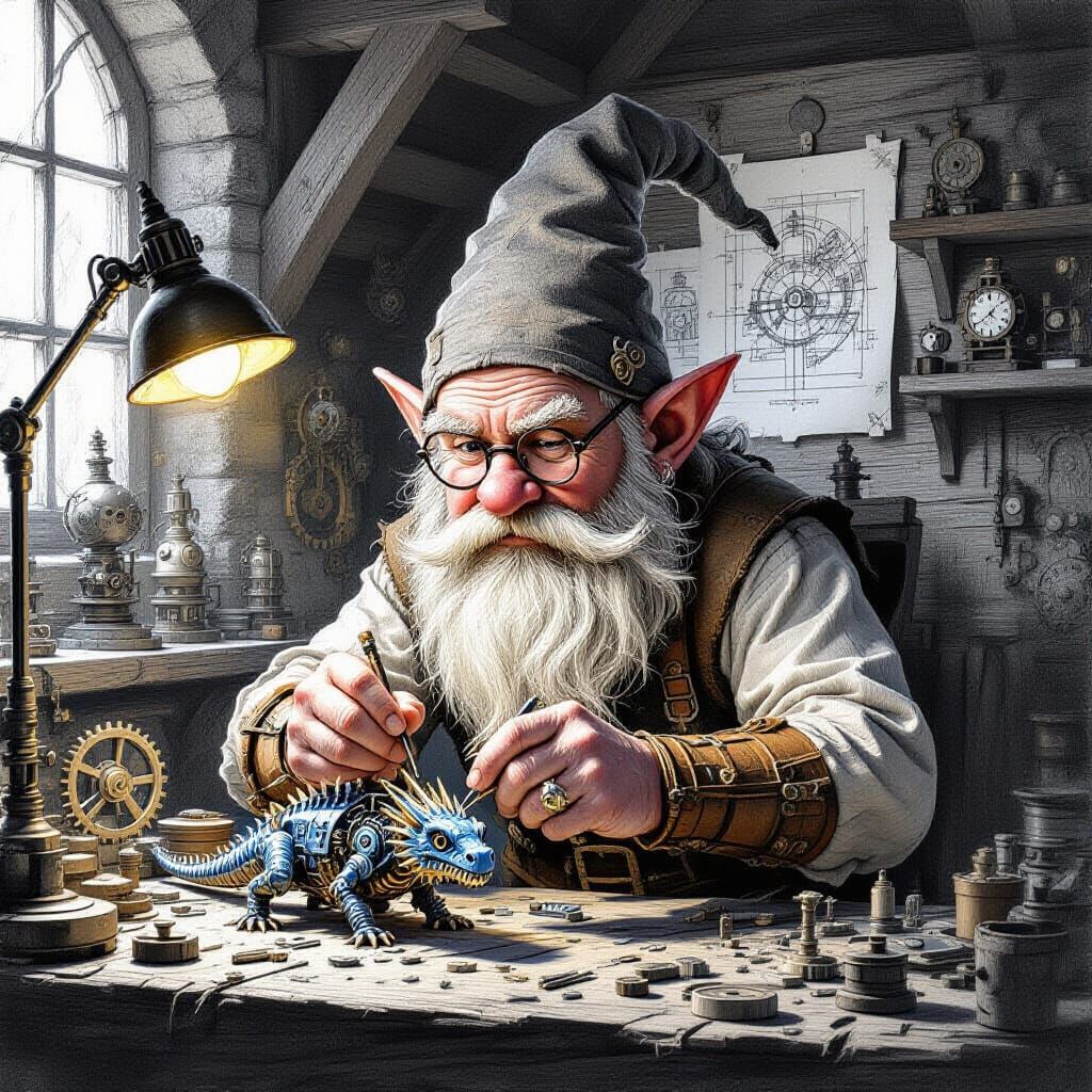 Gnome Assembling Mechanical Dragon: Detailed Pencil Sketch