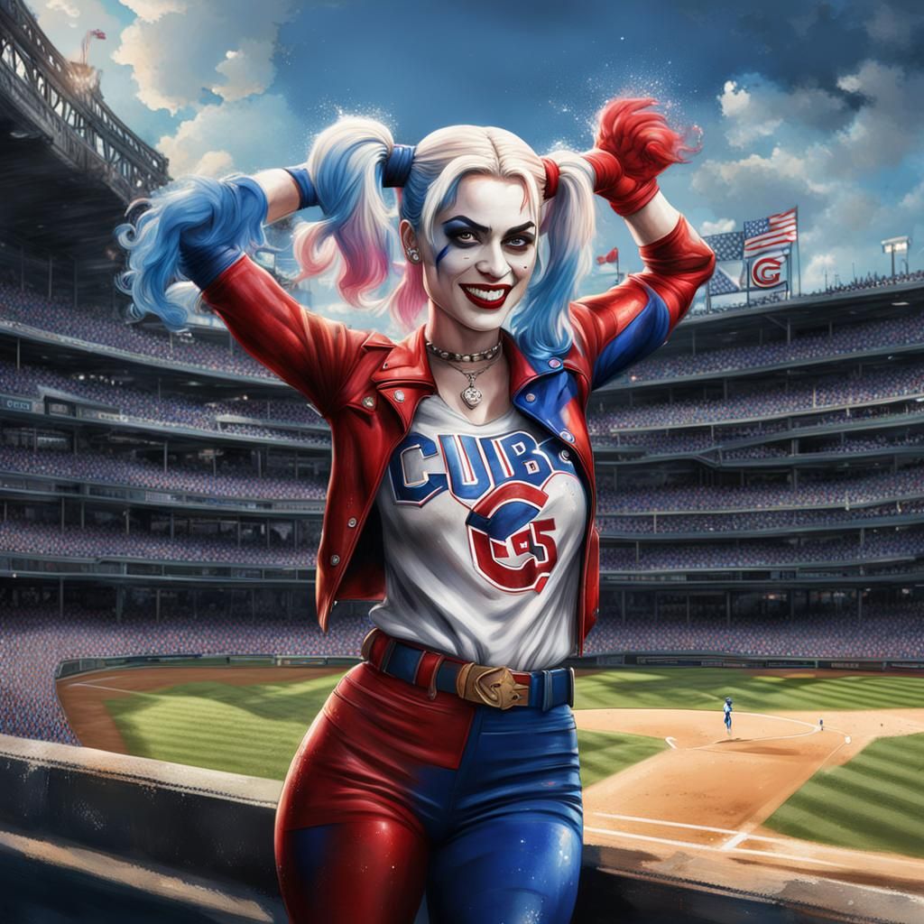 Harley Quinn at Chicago Cubs Game: Detailed Digital Painting