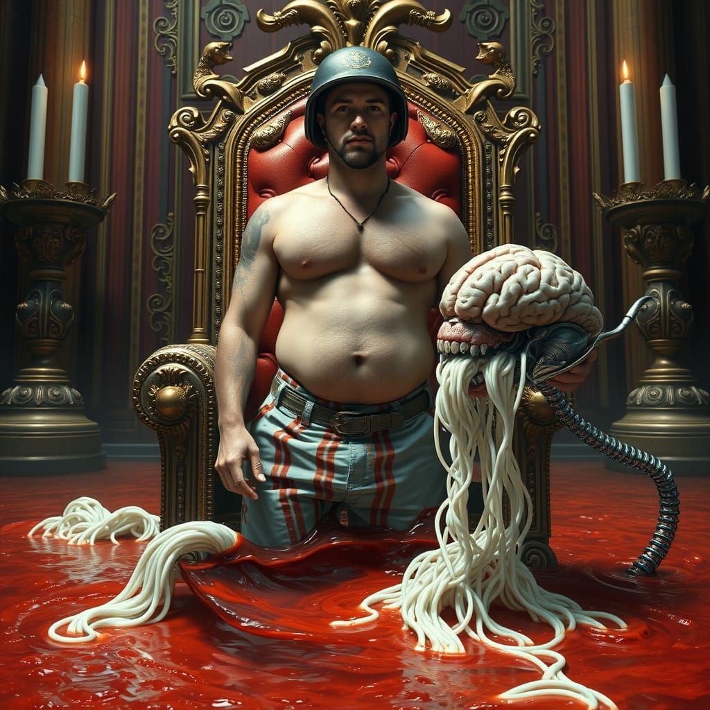 Surreal Soldier and Robot Feast in Opulent Throne Room