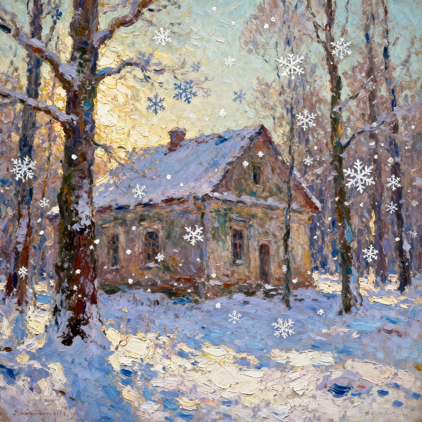 Ancient Snowy Forest House in Monet Style